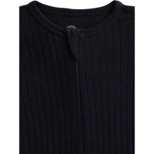 Black ribbed knit footed pajama with zip front and round neckline