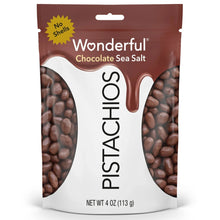 Chocolate sea salt pistachios resealable pouch with front branding and pistachio kernels