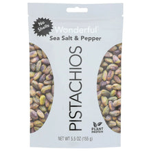 Sea salt & pepper pistachios bag, white pouch with no-shells badge and nut photos
