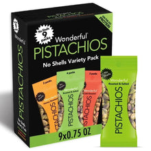 Wonderful Pistachios no-shell variety pack box with 9 assorted 0.75 oz bags