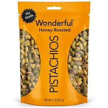 Wonderful honey roasted pistachios bag, no shells, with green kernels visible