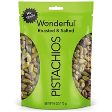 Stand-up green pistachio nut bag with no-shell roasted & salted label on front