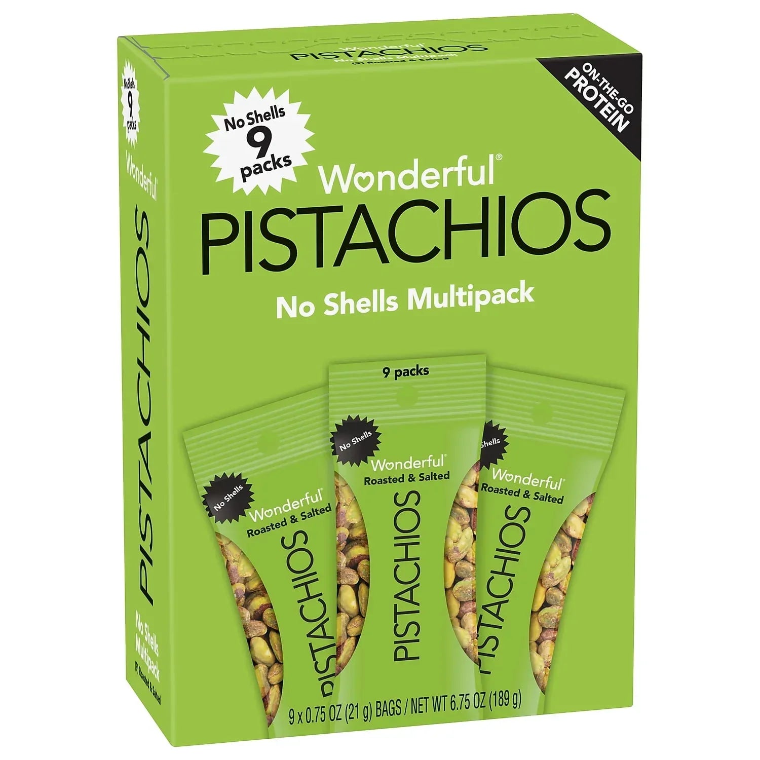 Wonderful Pistachios Roasted & Salted No Shells 0.75 oz. 9 Bags/Box 4 Boxes/Carton (PAR91100)