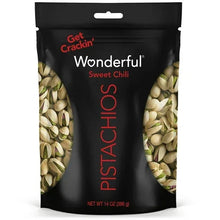 Resealable bag of in-shell sweet chili pistachios, black with red Sweet Chili branding