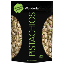 Roasted & salted in-shell pistachios bag with green brand text and badge