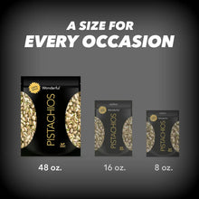 Pistachios variety size graphic on pouch: 48 oz, 16 oz, 8 oz