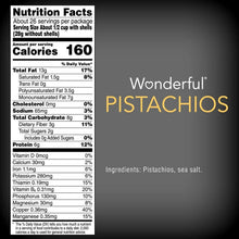 Nutrition Facts panel for lightly salted pistachios, showing calories and fat details