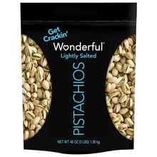 Lightly salted pistachios pouch, black bag with pistachio imagery and blue label text