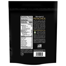 Back of pistachios pouch with Nutrition Facts, ingredients, and allergen info