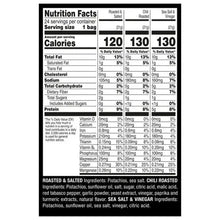 No-shell pistachios nutrition facts panel with calories for roasted & salted, chili, sea salt