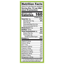 Nutrition Facts label with calories, fat, and serving size for pistachios