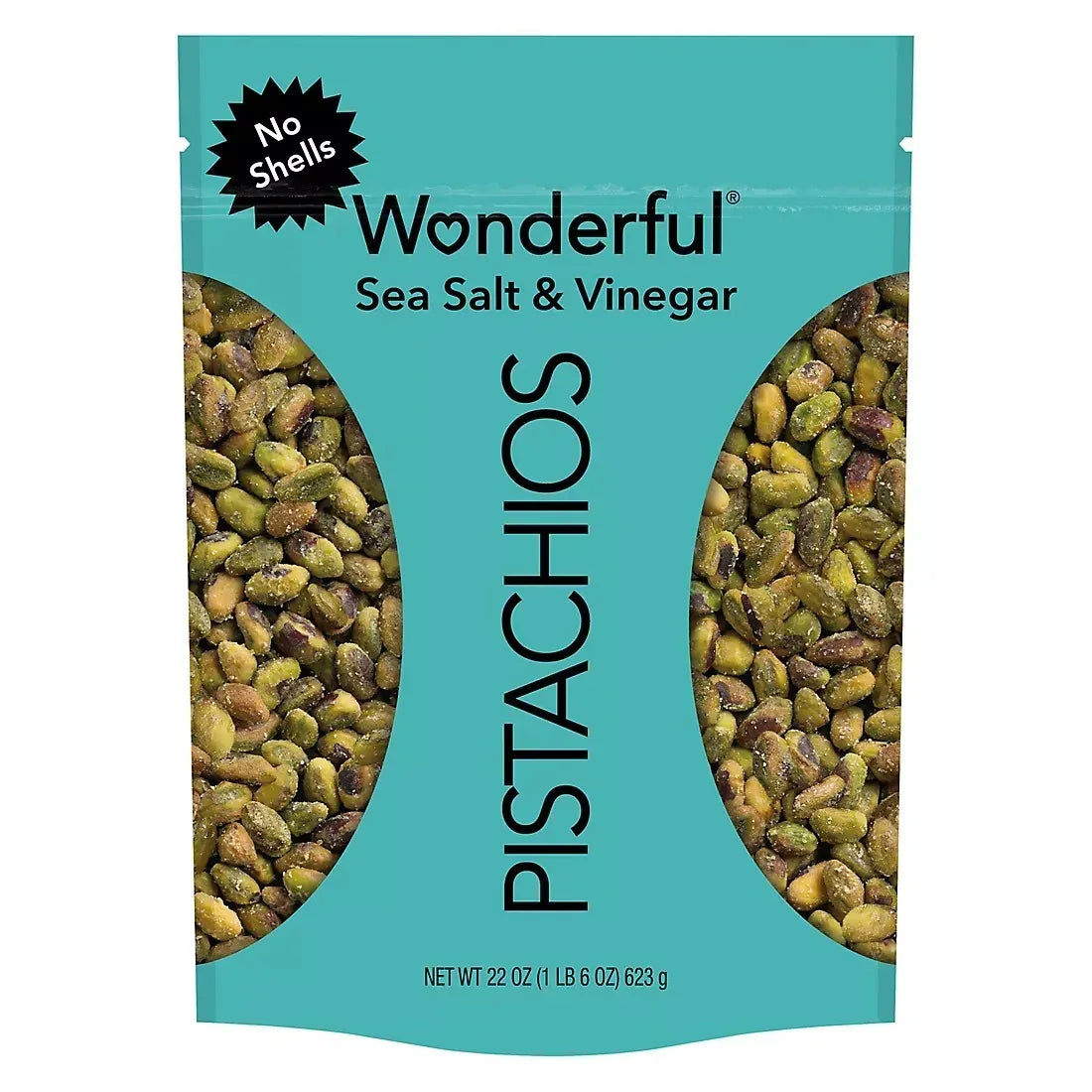 Wonderful Pistachios, No Shells Sea Salt & Vinegar Pistachios, Resealable Pouch, 22 oz.