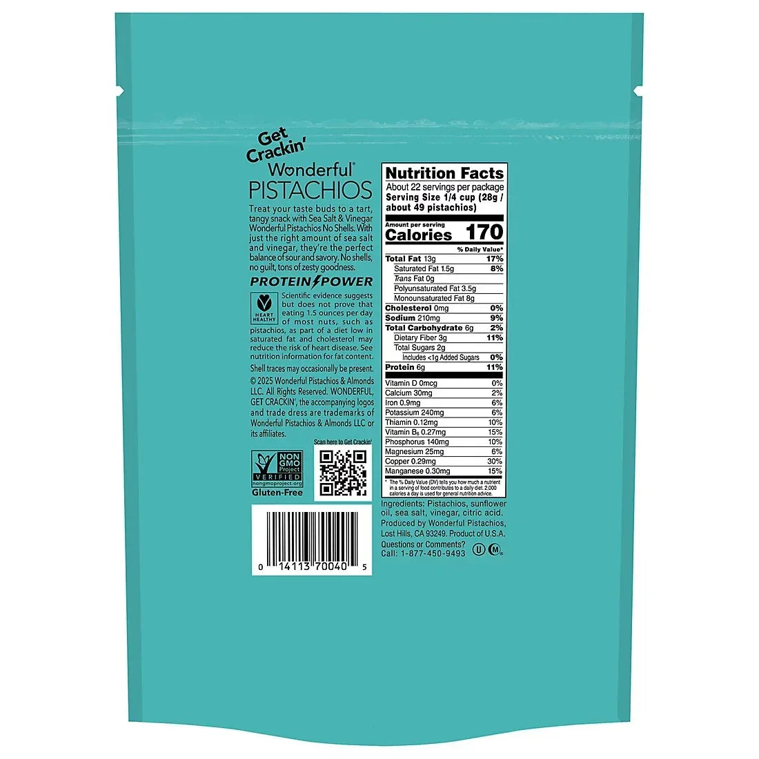 Wonderful Pistachios, No Shells Sea Salt & Vinegar Pistachios, Resealable Pouch, 22 oz.