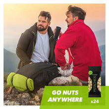 Roasted salted pistachios snack bag shown with x24 pack label outdoors