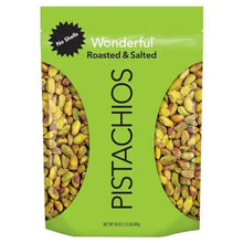 Roasted & salted pistachios bag, green pouch with kernels visible through side panels