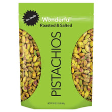 Roasted & salted pistachios pouch, green bag with no shells badge and kernels