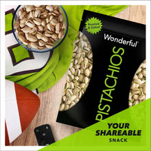 Roasted & salted pistachios bag with bowl of pistachios and snack card text