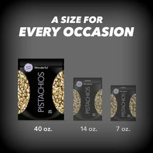 Wonderful Pistachios pouch size chart: 40 oz, 14 oz, and 7 oz