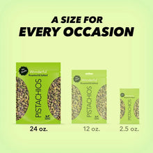 Wonderful roasted and salted pistachios size lineup: 24 oz, 12 oz, 2.5 oz pouches