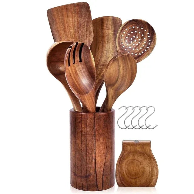Wooden Spoons for Cooking, AOKIWO 6 PCS Teak Wood Cooking Utensil Set, Kitchen Wooden Finish Utensils Spoons and Spatula Set, Lightweight Nonstick Cookware