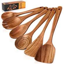 Teak wood cooking utensil set with 6 wooden spoons and spatulas