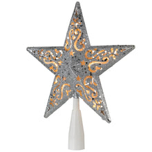 Wooden star Christmas tree topper, gray glitter with orange scrollwork on white stem