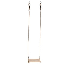 Wooden swing seat with two braided ropes and hanging loop hardware