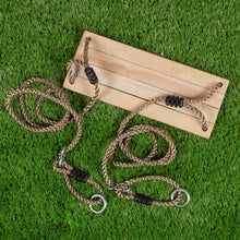 Wooden outdoor swing bench with adjustable braided rope and metal snap rings
