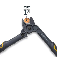Anvil lopper tool with dark blue handle and yellow accents