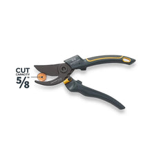 Compact pruner with dark blue handle, yellow accent, and curved blade