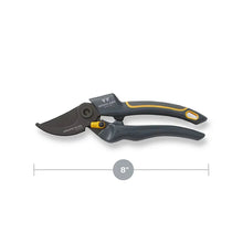Compact pruner with dark blue handles and 8 in length, curved anvil blade