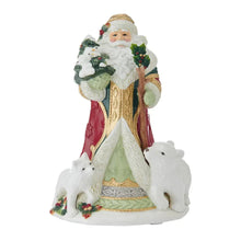 Holiday musical Santa figurine standing, red coat and gold trim, holding tree, flanked by 2 rabbits