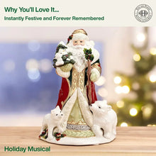 Holiday musical Santa figurine with red coat, white beard, holding tree, and 3 rabbits