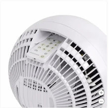 White globe fan with rear vents and control module, black vent inserts visible
