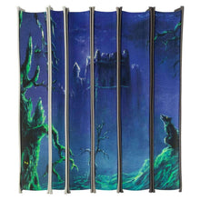 Blue and green horror book spines with illustrated landscape and figures