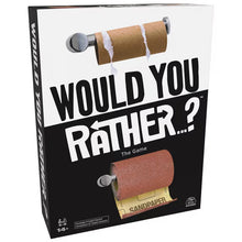 Would You Rather? card game box with illustrated question and sandpaper and barrel art