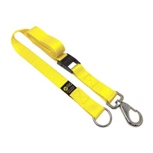 Yellow trunk storage strap with black webbing center and metal hook clasps