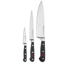 3-piece chef’s knife set with three stainless blades and black riveted handles
