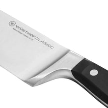 Wusthof Classic chef’s knife blade with engraved lettering and stainless edge
