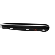 Steak knife with black handle, riveted grips, and silver blade edge