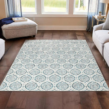 Indoor area rug with light blue medallion pattern on white, flat woven look