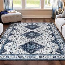 Blue and white patterned indoor area rug with dark medallion center and framed border