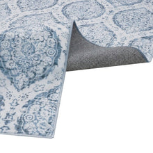 Washable indoor area rug corner, blue medallion pattern with gray backing and binding