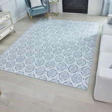 Washable indoor area rug, 3' x 5', blue medallion pattern with light border