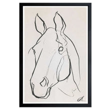 Black framed wall art print featuring a black-and-white line drawing of a horse.