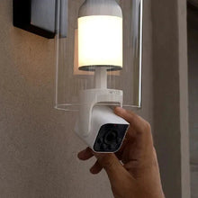 White bulb cam in lantern fixture, with front camera module and screw base