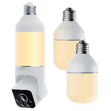 Security light bulb cam, two white bulbs with screw bases and front camera lens