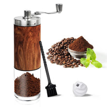 Manual coffee grinder with wooden body and stainless crank handle