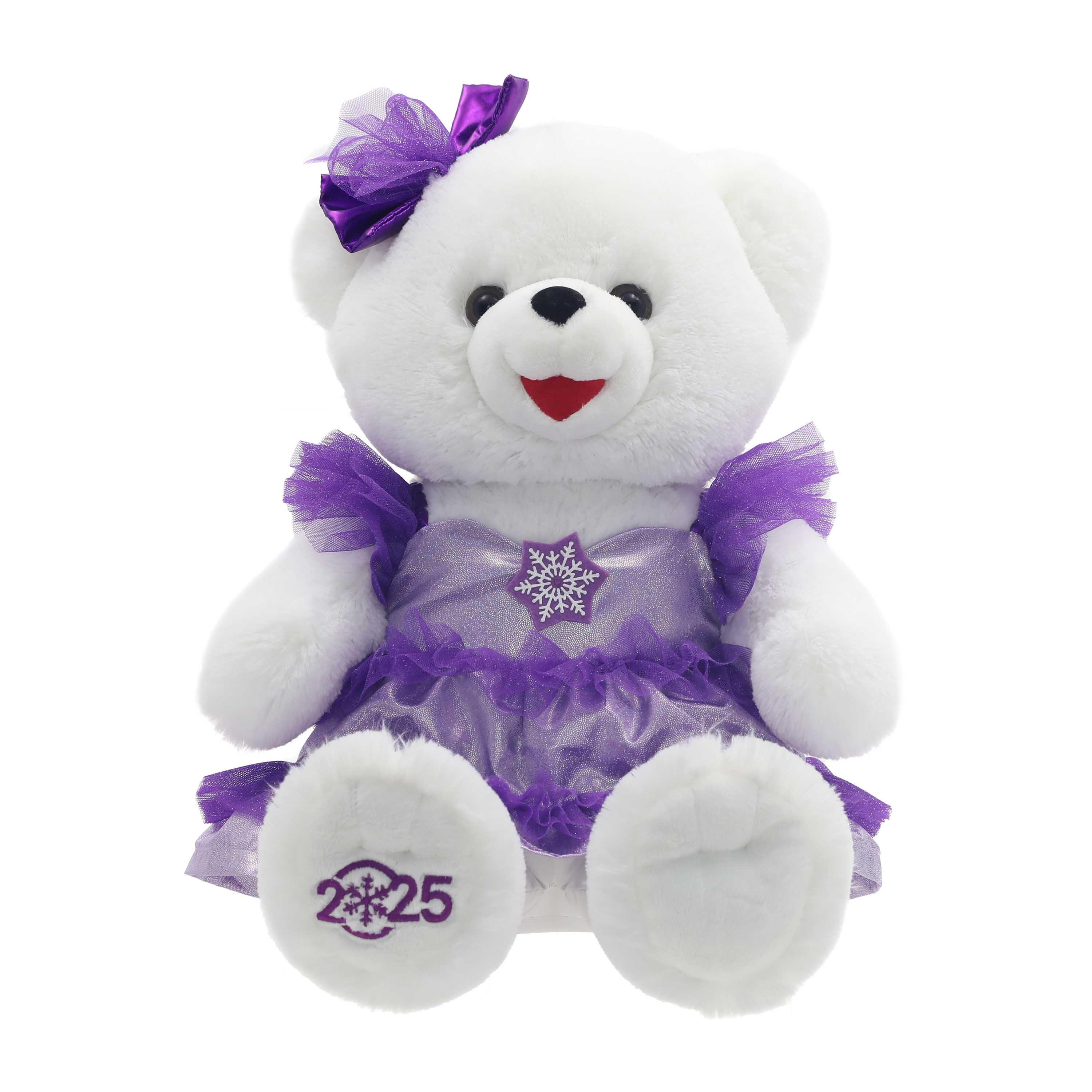 Snowflake Girl 2025 Teddy Bear Christmas Plush in Dress, White and Purple, 15", by Holiday Time - USA MEGA SHOP
