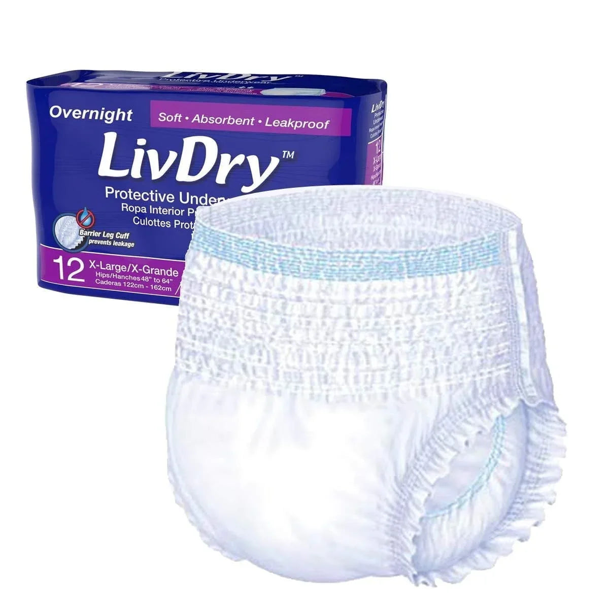 LivDry XL Overnight Adult Diapers for Women and Men, Max Protection Incontinence Underwear